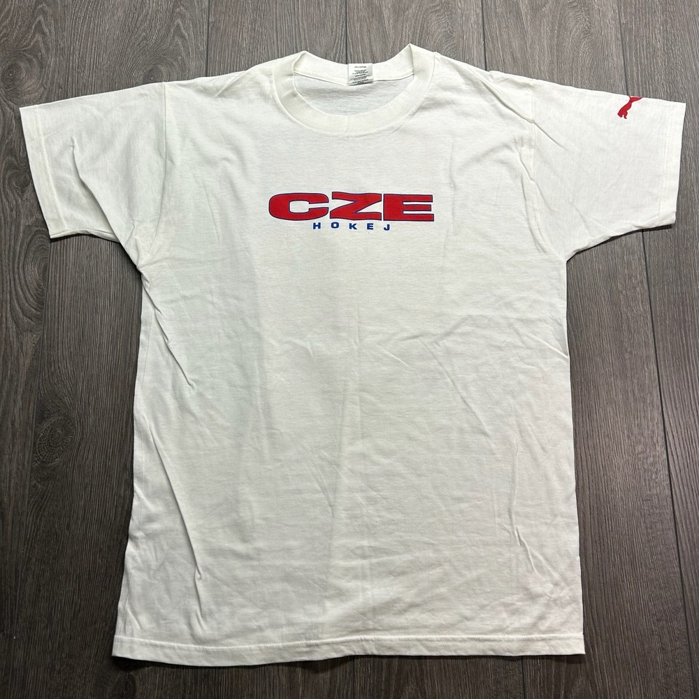 Vintage 90s Puma Czech Republic Hockey T-Shirt Mens Medium White CZE HOKEJ
